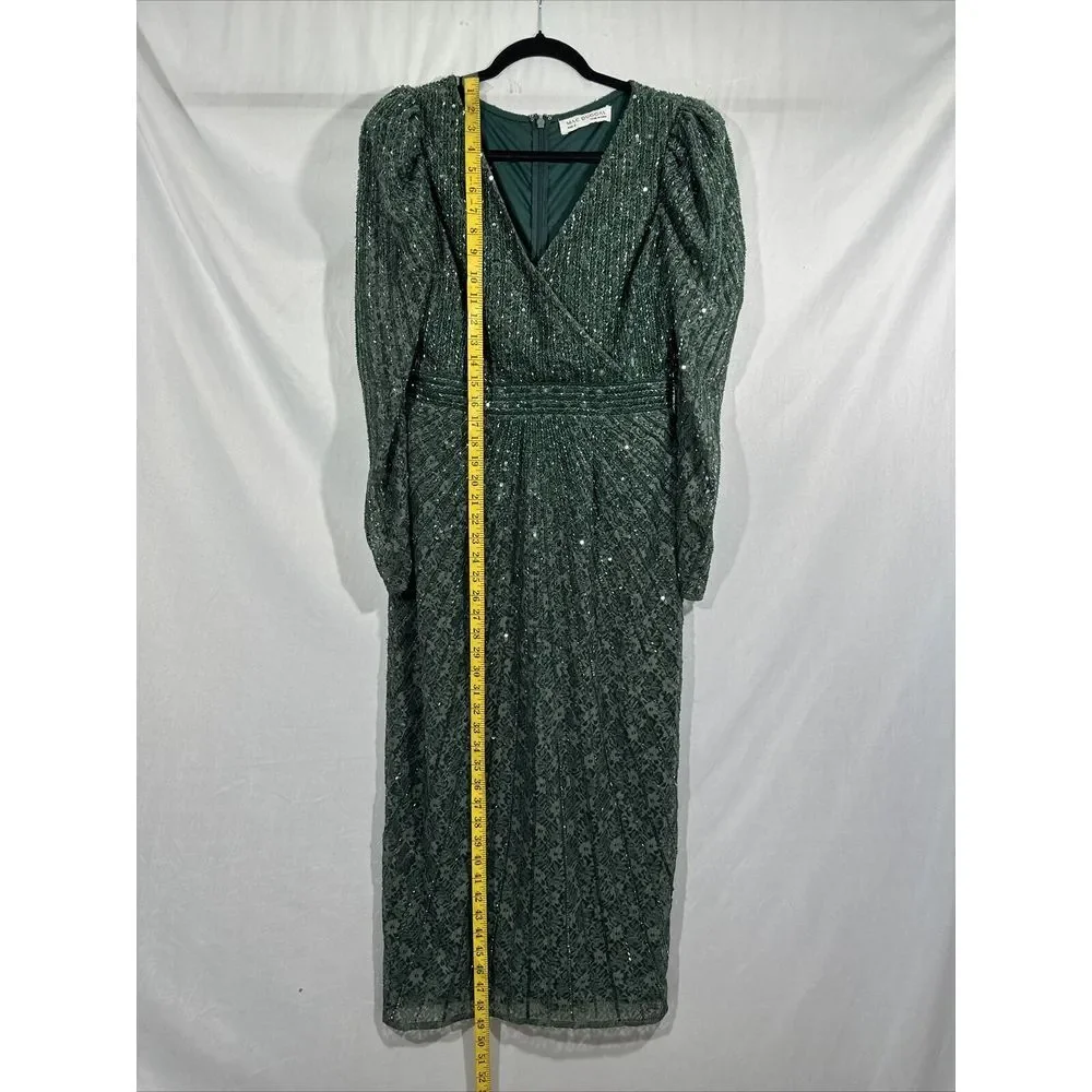 NWT $538 Mac Duggal [ 8 ] 93676 Beaded Lace‎ Long Sleeve Midi Dress Deep Green